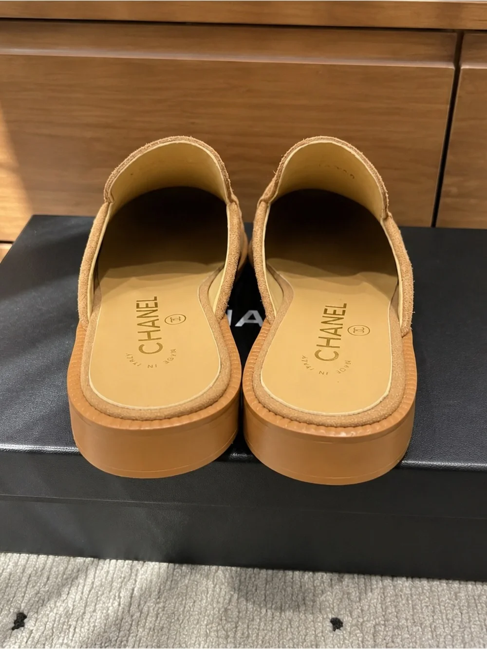 CHANEL Suede Mule Loafers in Tan Brown with CC Hardware